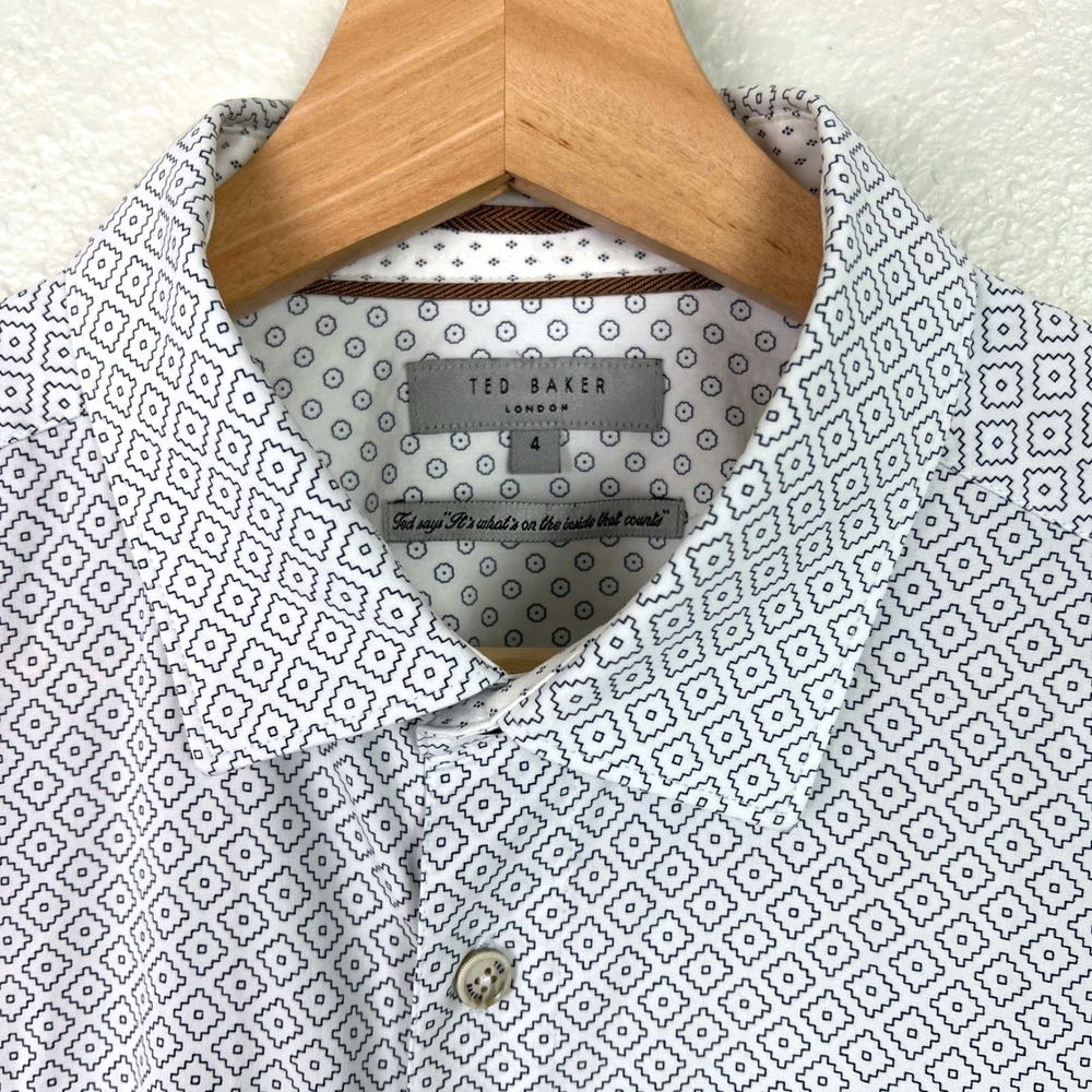 Ted Baker Mens Sz 4 (Large) White Geometric Print Long Sleeve Button Down Shirt